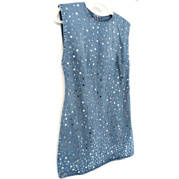 Zara Womens Blue Denim Mirror Mini Dress Medium Retro Glam Cowgirl Disco Party - Picture 6 of 12